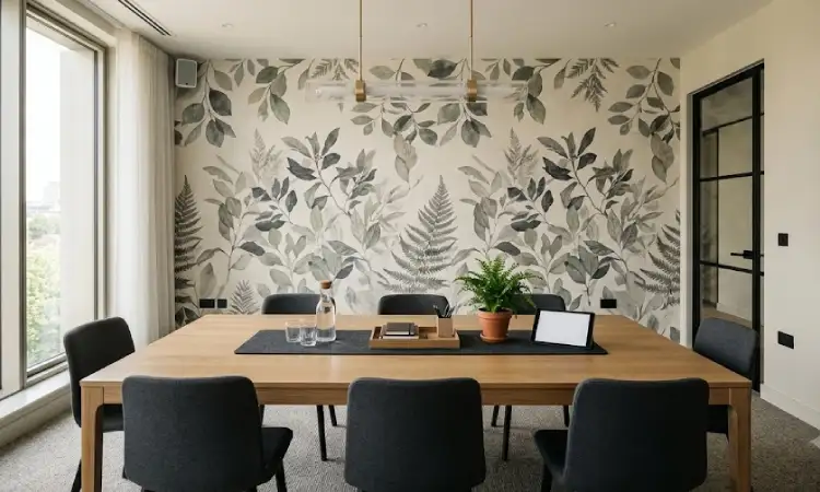 Wallpaper ruang meeting motif biofilik, Sumber: AI
